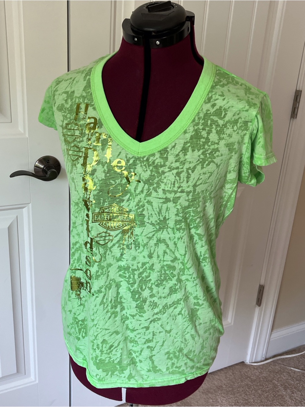 Harley-Davidson Neon Green V-Neck Tee with Metallic Gold Logo unworn
